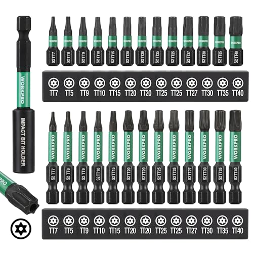 WORKPRO 27PCS 1"& 2" Magnetic Impact Torx Bit Set (TT7-TT40) | CNC Machined S2 Steel Security Tamper Proof Star Bits, Magnetic Tip, 1/4" Hex Shank, Long Bits with Extension & Storage Box - size: 1 in&2 in