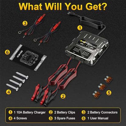 2 Bank Marine Battery Charger, 20A (10A/Bank) 12V IP68 Waterproof LCD Onboard Battery Charger with Overcharge Protection, Battery Maintainer for Lead-Acid, AGM, Gel, LiFePO4, Lithium, Boat, Car, RV