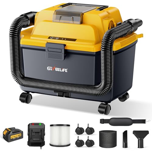 GEVEELIFE Cordless Shop Vac Wet and Dry, 4.3 Gallon Shop Vac with 5.0Ah Battery Powered, Fast Charger, HEPA Filter, Strap & Wheels, 3-in-1 Wet Dry Vacuum Cleaner for Garage, Car, Workshop