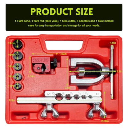 Double & Single Flaring Tool Kit, 45 Degrees Flaring Tool with Tube Cutter and Extra Adapters, Professional Brake Line Brass Tubing Tools Kit for Fuel HVAC Systems Repair