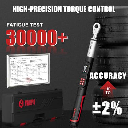 VANPO Digital Torque Wrench 3/8 Inch Drive, 5–99.6 Ft-Lb, for Automotive | High Contrast Backlit LCD, Fast-Adjust Control, Vibration, Buzzer, LED Alert, Electric Torque Wrench for Motorcycle & Bike - size: 3/8-inch 5-99.6 Ft-lb/6.8-135 Nm (Long)
