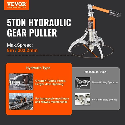 VEVOR Hydraulic Gear Puller, 5 Ton Max Capacity Wheel Bearing Pulling Separator, 2 or 3 Jaws Puller, Vertically and Horizontally, 8" Jaw Hydraulic Puller with Case for Pulling Hubs - style: 5 Ton