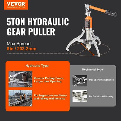 VEVOR Hydraulic Gear Puller, 5 Ton Max Capacity Wheel Bearing Pulling Separator, 2 or 3 Jaws Puller, Vertically and Horizontally, 8" Jaw Hydraulic Puller with Case for Pulling Hubs - style: 5 Ton