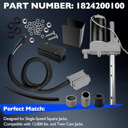 1824200100 Electric Powered Trailer Jack Kit - 12,000 lbs, 12V, Heavy-Duty Powered Drive Kit with Single Speed Jacks and Control Switch - Weather-Resistant for RVs, Campers, and Trailers