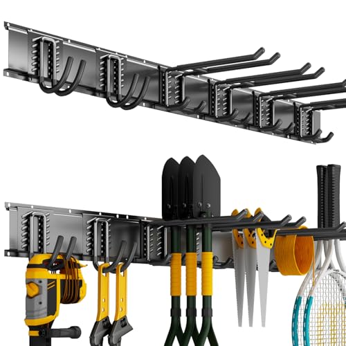 Garage Wall Organizer Wall Mount, 48inch Heavy Duty Garden Tool organizer Storage System, Easy Install With 6 Adjustable Hooks, For Garage, Basement, Shed, Workshop(Black) - size: 48inch+6Hooks