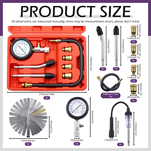 Swpeet 10Pcs Automotive Compression Tester Kit and Spark Plug Tester with Steel Metric and Imperial Feeler Gauge Assortment Kit, Universal Car and Motorcycle Engine Testing Tools