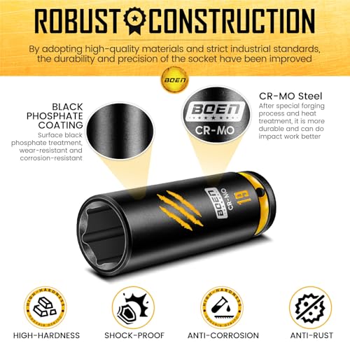 BOEN 7-Piece 1/2" Drive Impact Socket Set, Deep Metric Lug Nut Socket Set (17, 18, 19, 21, 22, 23, 24 mm), CR-MO Steel, Deep Embossed and Painted Marking, 6-Point Design