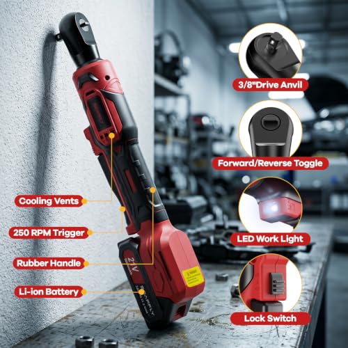 SOARFLY 3/8" Cordless Ratchet Wrench, Power Ratchet Tool Set, 60 Ft-Lbs(80N.m) Electric Ratchet Wrench with 2 * 2000mAh Lithium Batteries, 7 Sockets, LED Light, 1/4" Adapter, 3" Extension Bar - color: Deep Red