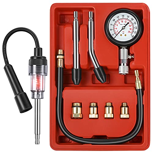 9 Pieces Automotive Compression Tester Kit and Spark Plug Tester, Universal Car and Motorcycle Engine Testing Tools for Cylinder Pressure Gauge (Red) - color: Red