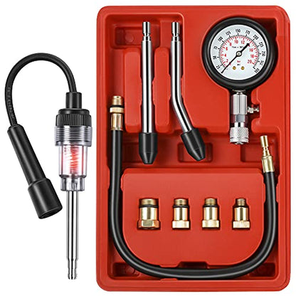 9 Pcs Automotive Compression Tester Kit and Spark Plug Tester, Red | 0-300PSI Universal Car Motorcycle Chainsaw Outboard Motor Snowmobile Engine Testing Tools for Cylinder Pressure Gauge - color: Red