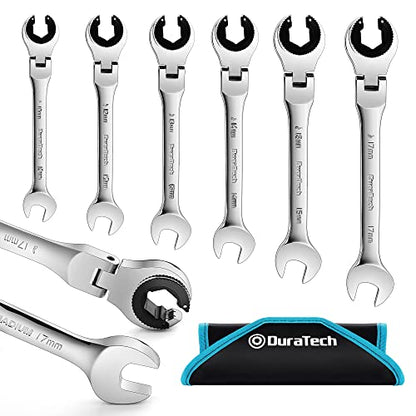 DURATECH 6-Piece Ratcheting Wrench Set with Open Flex-Head, Tubing Wrench | Metric, 10-17mm, 72-Tooth Gear, CR-V Steel, Organizer Bag, Gifts for Men