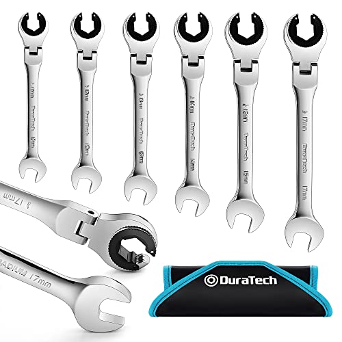 DURATECH 6-Piece Ratcheting Wrench Set with Open Flex-Head, Tubing Wrench | Metric, 10-17mm, 72-Tooth Gear, CR-V Steel, Organizer Bag, Gifts for Men