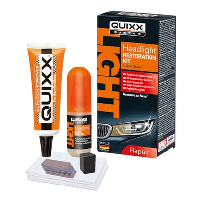 QUIXX QHRK1 Reliable Headlight Restoration Kit, Includes 50g Headlight Polish, 30ml Sealing, Sanding & Polishing Block, 12 Abrasive Papers and 4 Polish Cloths, Can Save a Vehicle from an MOT Failure, Increase Safety - style: Headlight Restoration Kits