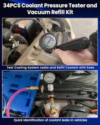 SIXIWANZI 34pc Coolant Pressure Tester and Vacuum Refill Kit with 25 Radiator Adapters, Universal Radiator Pressure Tester Kit for Automotive Cooling System Water Tank Leakage Detection
