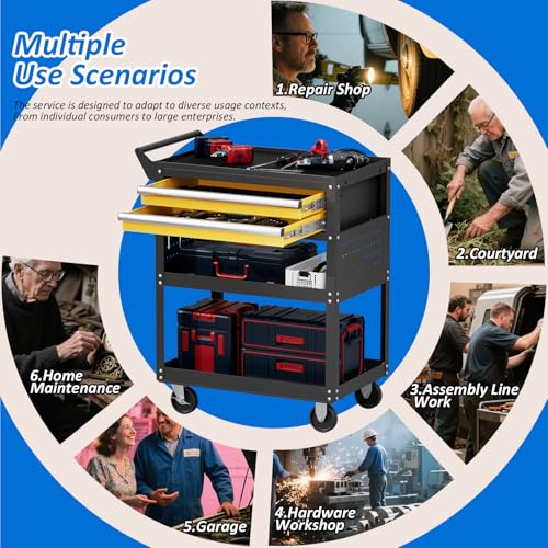 5-Tier Heavy Duty Tool Cart, 400 lbs Capacity Steel Rolling Cart with 2 Lockable Drawers and Pegboard for Garage Workshop Mechanic - size: 5-LAYER (TWO DRAWERS)
