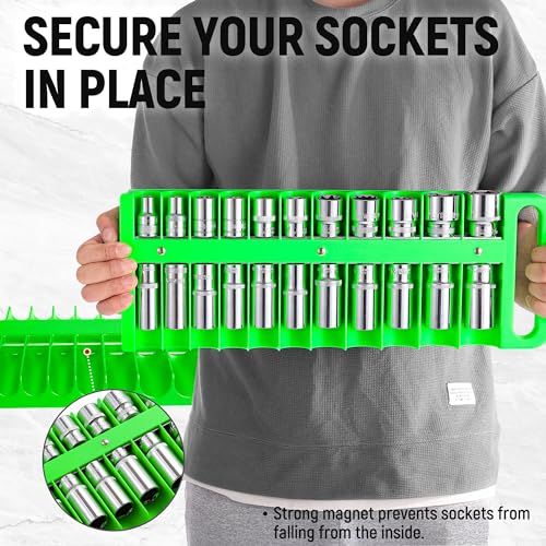 Reniteco Magnetic Socket Organizer Set, 3-Pack, 1/4" 3/8" 1/2" Socket Tray | 76-Socket Capacity, 1/4" 22 Pallets, 3/8" 28 Pallets, 1/2" 26 Pallets, Fits Shallow & Deep Sockets, Sockets Not Included - color: Green