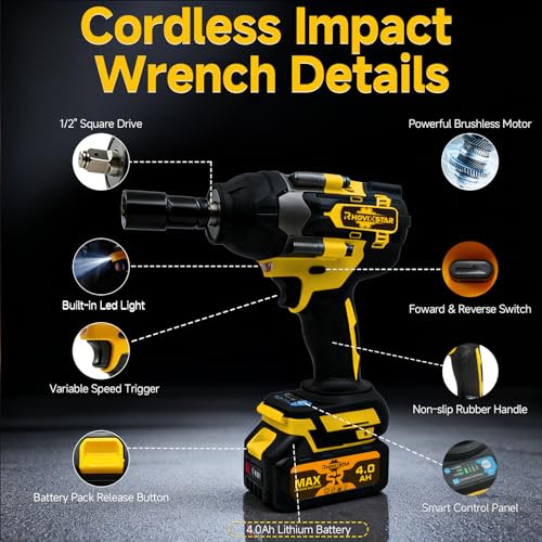 Rhovixster 1/2 Impact Gun Cordless - Impact Wrench Set, 1/2 Torque Impact, Brushless Motor High Torque Impact Guns with 2pcs 4Ah Battery & 1pcs Charger, 850N.M Torque