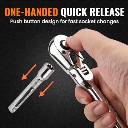 Flex Head 1/4" Drive Ratchet Wrench, 90T Compact Ratchet, Quick-Release Reversible with Cr-Mo Head and 6" Extension Bar for Tight Spaces & Precision Work - size: 1/4"