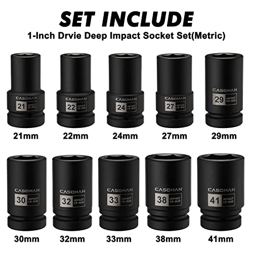 CASOMAN 10PCS 1-Inch Drive Deep Impact Socket Set, Metric, CR-MO, 21,22,24,27,29,30,32,33,38,41mm, Deep Spindle Axle Nut Impact Socket Set - size: Multiple Sizes, style: Deep