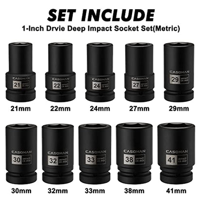 CASOMAN 10PCS 1-Inch Drive Deep Impact Socket Set, Metric, CR-MO, 21,22,24,27,29,30,32,33,38,41mm, Deep Spindle Axle Nut Impact Socket Set - size: Multiple Sizes, style: Deep