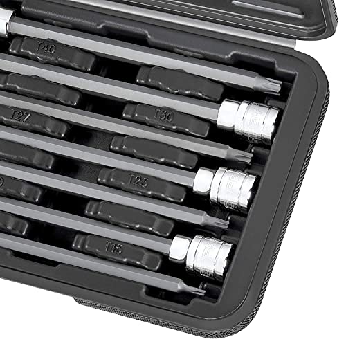 CARBYNE 7-Piece Torx Extra Long Bit Socket Set, T10 to T40, 3/8 in. Drive, S2 Steel Bits, CrV Sockets, Zinc Phosphate, 6.1 in. Length, Durable Case, Genuine Licensed Torx - style: Torx