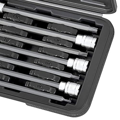 CARBYNE 7-Piece Torx Extra Long Bit Socket Set, T10 to T40, 3/8 in. Drive, S2 Steel Bits, CrV Sockets, Zinc Phosphate, 6.1 in. Length, Durable Case, Genuine Licensed Torx - style: Torx