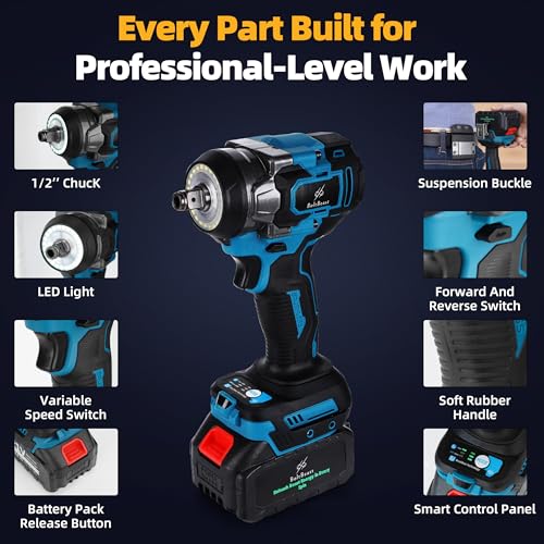 500N.m Brushless Cordless 1/2" Impact Wrench 3500RPM 21V Tool | 21V battery, 4000mAh battery, fast charger, LED work light, 7 sockets, 6 drill bits, 6 screwdrivers, waist hook, storage case