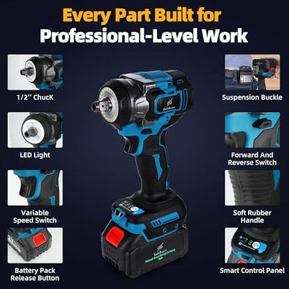 500N.m Brushless Cordless 1/2" Impact Wrench 3500RPM 21V Tool | 21V battery, 4000mAh battery, fast charger, LED work light, 7 sockets, 6 drill bits, 6 screwdrivers, waist hook, storage case