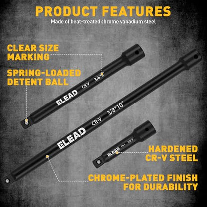 4-Piece 3/8" Drive Socket Extension Bar Set, 3, 6, 10 inch Professional Extension Set, 3/8 Inch Drive Universal Joint Socket, Premium Cr-V Steel Sockets Wrench Extender - style: 4-Piece 3/8" Socket Extension Bar Set