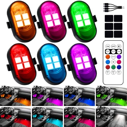 Upgraded Wireless LED Lights for Car, Rechargeable Interior Car Lights with 8 Colors Brightness Adjustable, 12H Battery Life, Remote Control, Mini Strobe Lights for Vehicle Motorcycle Bike Decor - size: 6pcs