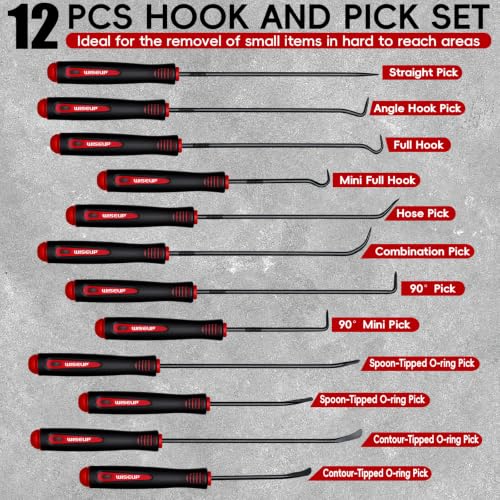 WISEUP 12-Piece Pick and Hook Tools Set, Precision Automotive Pick Tool Set, Long & Mini Puller Remover Tool Kit for Auto Oil Seal/O-Ring Gasket Removal Remover, Mechanical and DIY Use