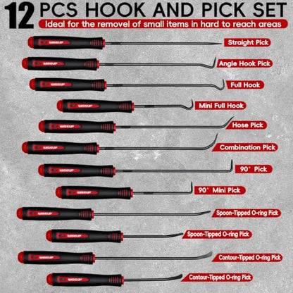 WISEUP 12-Piece Pick and Hook Tools Set, Precision Automotive Pick Tool Set, Long & Mini Puller Remover Tool Kit for Auto Oil Seal/O-Ring Gasket Removal Remover, Mechanical and DIY Use