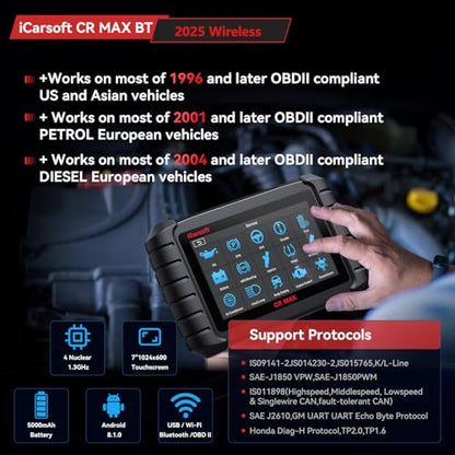 iCarsoft CR Max BT Wireless OBD2 Scanner, All System Car Diagnostic Tool, 50 Reset+Extra 46 Service, 40000+Bidirectional Tests, ECU Coding, Battery Registration,CANFD, Auto VIN, Free Update
