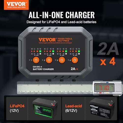VEVOR Smart Battery Charger, 2A x 4, LiFePO4 Lead-Acid (AGM/Gel/SLA) Car Battery Charger, Fully-Automatic Charger Maintainer Desulfator for Boat Motorcycle Lawn Mower Golf Cart Marine Deep Cycle - size: 2A*4