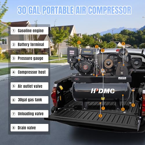 13HP Gas Powered Air Compressor, 3-Cylinder, 30 Gallon Horizontal Tank, Piston Pump Air Compressed System (125 PSI @ 44 CFM) - color: 13hp/125psi/44cfm/30gal