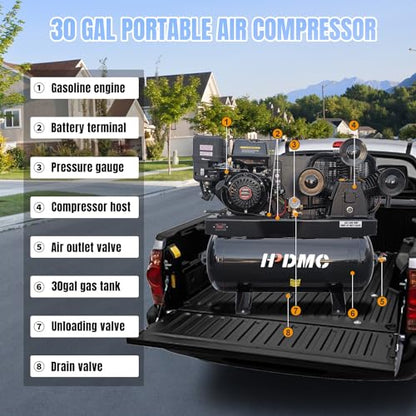 13HP Gas Powered Air Compressor, 3-Cylinder, 30 Gallon Horizontal Tank, Piston Pump Air Compressed System (125 PSI @ 44 CFM) - color: 13hp/125psi/44cfm/30gal