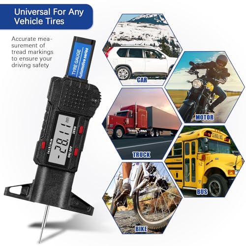 Frienda 3 Pieces Tire Tread Depth Gauge Tool Digital Tire Tread Depth Gauge LCD Display Tread Checker with Inch and MM Conversion for Motorcycle, Car, Truck and Bus, Silver, Black, Blue