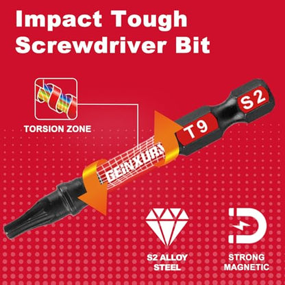 Geinxurn 51 Pieces T9 Impact Tough Magnetic Screwdriver Bit Set, 2 In. #9 Torx Head Power Bit Set, S2 Alloy Steel T9 Star Bit with 1Pc Impact Bit Holder - size: 2"-51PCS, style: T9