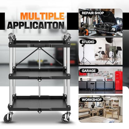 Auto Dynasty 3-Tier Folding Utility Cart with Wheels Lockable, 265LB Heavy Duty Collapsible Service Cart Foldable Rolling Carts for Home, Garage, Warehouses, Restaurants, Workshops - style: Foldable Cart