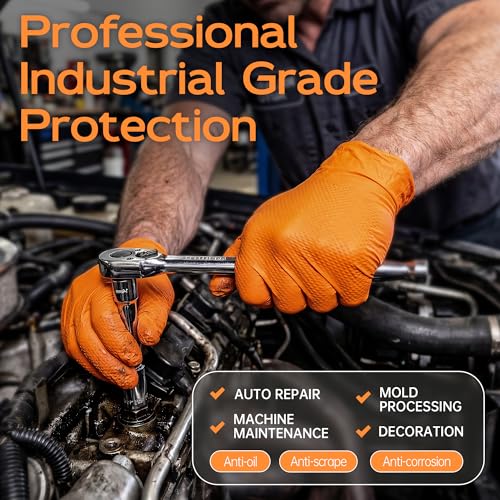 HEAVY DUTY 8 Mil Orange Nitrile Gloves, Diamond Textured Disposable Industrial Mechanic Rubber Gloves 1000PCs - size: Large