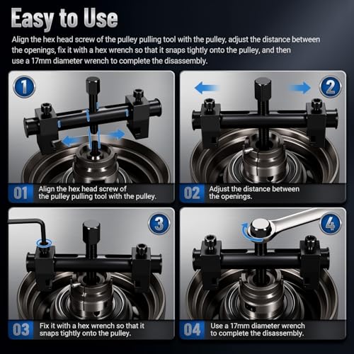 Pulley Puller Tool with 17mm Hex Wrench,Heavy Duty Crankshaft Pulley Removal Tool for 40-160mm Pulleys,Professional Crank Pulleys Removal Tools for Crankshafts & Water Pumps