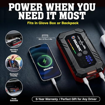Bullseye SafetyXL 12V 1000A Car Battery Jump Starter Box with Jumper Cables | Spark + Reverse Polarity Protection, 1800 mAh, Rechargeable Power Bank, LED Flashlight - for 6.0L Gas / 3.0L Diesel Engines