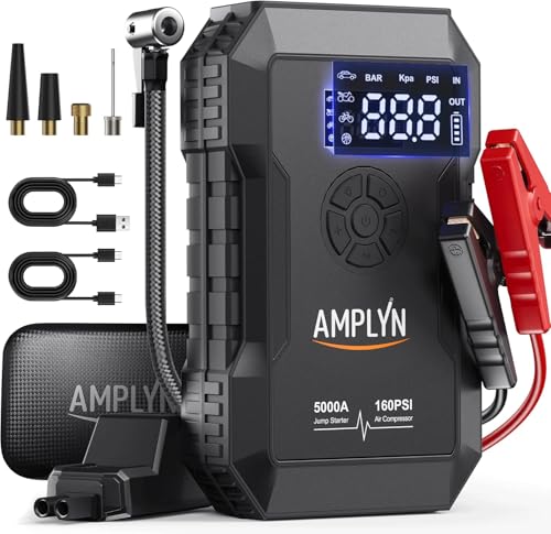 Car Jump Starter with Air Compressor,Jumper Box,12v Battery Charger | portable,160 psi pump pressure,5000A start pk,24000mAh booster pack, 60W fast charging power bank,outdoor emergency kit - color: Black
