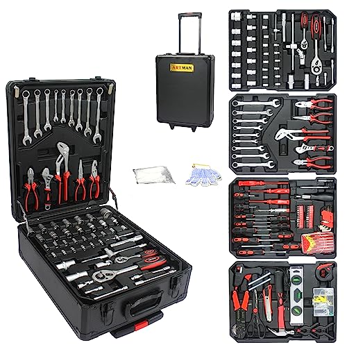 899pcs Rolling Tool Box Set with Lock,Rolling Trolley Case Tool Sets, 4 Layer of Tool Sets 90 Piece Tool Kits on Wheel, Wrench Socket Rolling Hand Tool Box Tool Kit for Garage,Repair Kit(Black) - size: 899pcs - Black