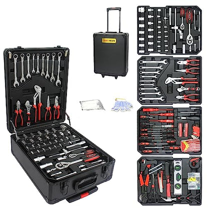 899pcs Rolling Tool Box Set with Lock,Rolling Trolley Case Tool Sets, 4 Layer of Tool Sets 90 Piece Tool Kits on Wheel, Wrench Socket Rolling Hand Tool Box Tool Kit for Garage,Repair Kit(Black) - size: 899pcs - Black