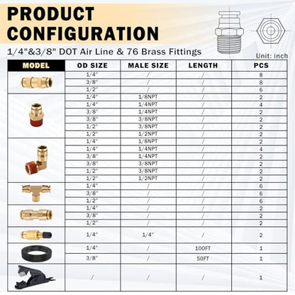 CheeMuii 76 PCS Brass DOT Air Line Fittings with 100FT 1/4" and 50FT 3/8" DOT Air Line Kit Push Lock Air Fitting Quick Connect & NPT Thread Fittings with Pneumatic Tubing Set - size: 2ROLL-80PCS-BLACK