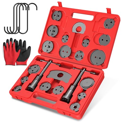 Heavy Duty Disc Brake Piston Caliper Compressor Wind Back Tool Universal Sets for Brake Pad Replacement with Hanger Hooks-28 Pieces - color: Red Silver