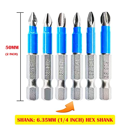 Anti Slip Screwdriver Bits Set 1/4 Inch Hex Shank Phillips Cross Slot Pozidriv Magnetic Screwdriver Bit Set -PH1/2/3+PZ1/2/3 Drill Bit Set S2 Steel Impact Driver Bit for Power Drilling-6PCS - color: Ph1/2/3+pz1/2/3-50mm(6 Pcs)