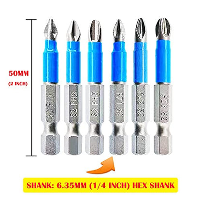 Anti Slip Screwdriver Bits Set 1/4 Inch Hex Shank Phillips Cross Slot Pozidriv Magnetic Screwdriver Bit Set -PH1/2/3+PZ1/2/3 Drill Bit Set S2 Steel Impact Driver Bit for Power Drilling-6PCS - color: Ph1/2/3+pz1/2/3-50mm(6 Pcs)
