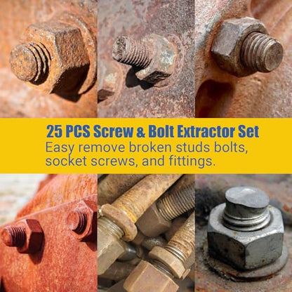 Broken Bolt Extractor, 25-Piece Drill Bit Extractor Set,Easy Out Drill Bit Guides,Drill Extractor Kit for Removing Stripped,Damaged,Rusted, Rounded-Off Bolts, Automotive Nuts & Screws